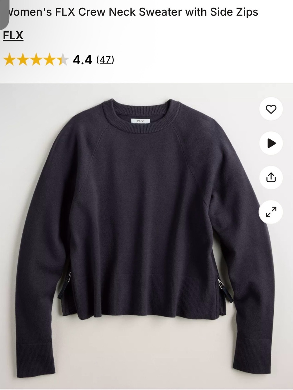 New FLX Women's Crew Neck Sweater with Side Zips navy color size L